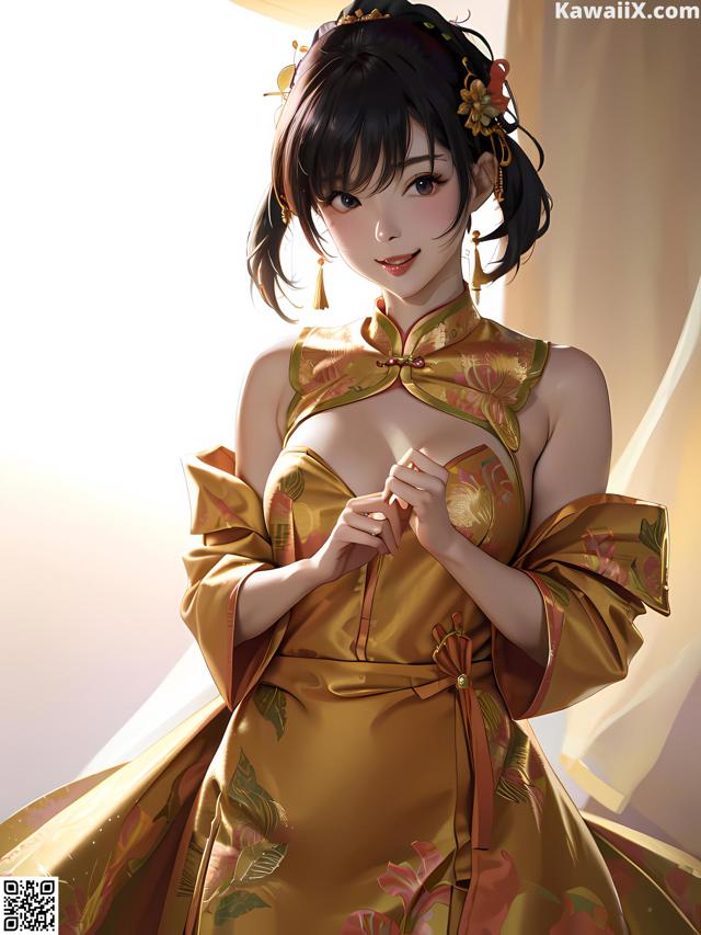 A woman in a yellow kimono is posing for a picture.