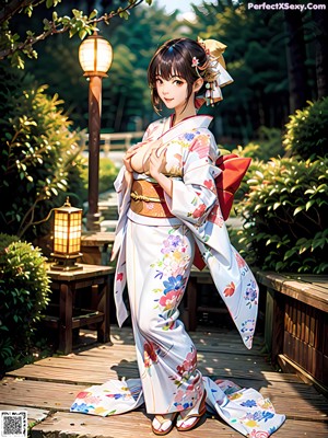 A woman in a blue kimono posing for a picture.