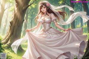 A woman in a wedding dress walking through a forest.