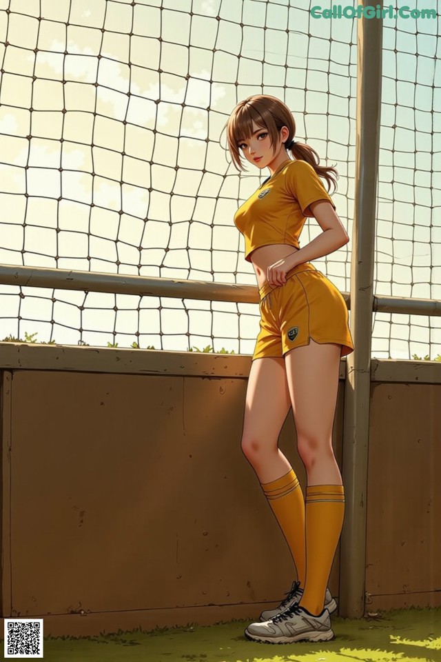 A woman in a yellow shirt and shorts standing next to a fence.