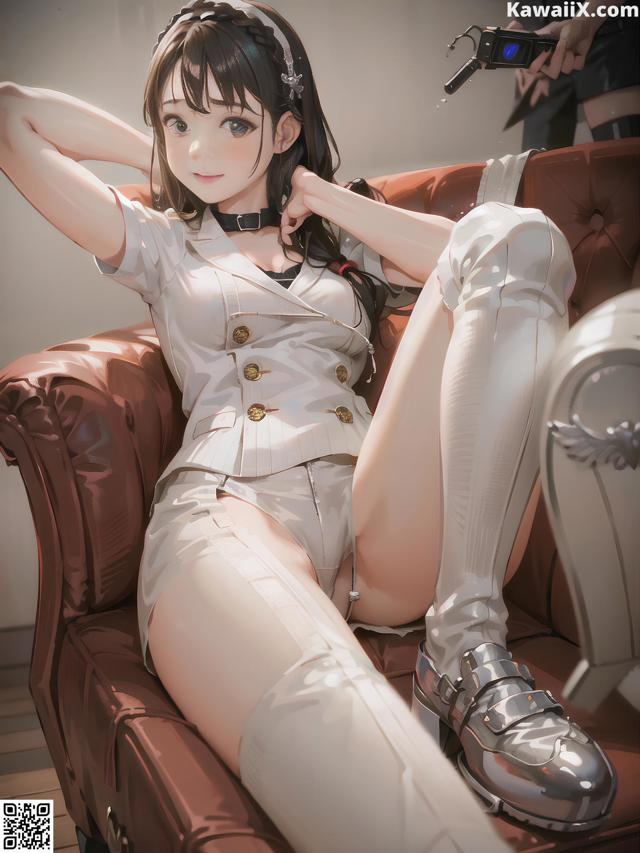 A woman sitting on top of a brown chair.