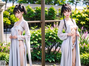 A woman in a white kimono standing in the water.