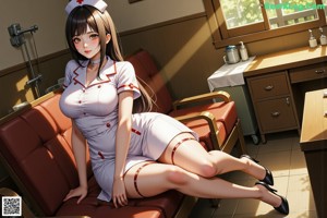 A woman in a nurse outfit sitting at a desk.