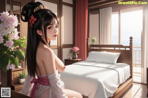 A naked anime girl in a white dress sitting on a bed.