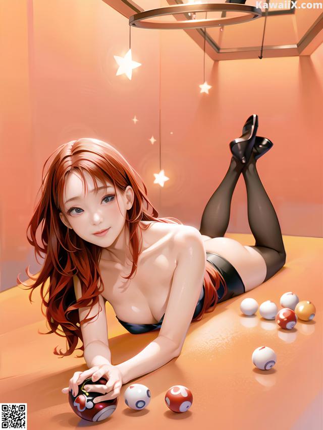 A woman laying on the floor with a pool ball.