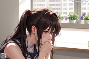 Anime girl in a school uniform sitting on a bed.