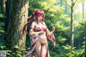 A woman in a red kimono standing in a forest.