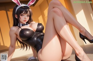 A woman in a bunny suit sitting on a bed.