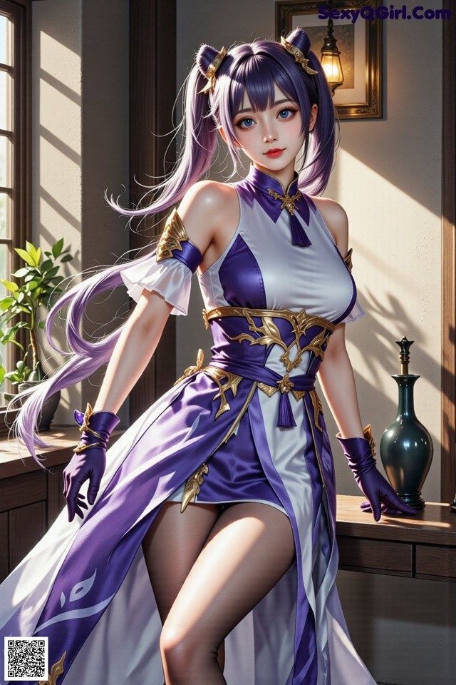 Hentai - Sovereign of Lightning in Exquisite Garb Set.1 20250125 Part 8 No.ba785f A woman in a purple and white dress posing for a picture.