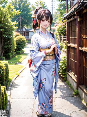 A woman in a kimono sitting on a bed.