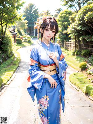 A woman in a blue kimono sitting on a bed.