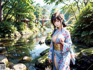 A woman in a kimono sitting on a bed.