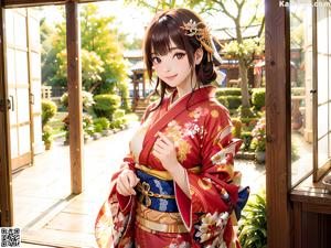 A woman in a blue kimono sitting on a bench.