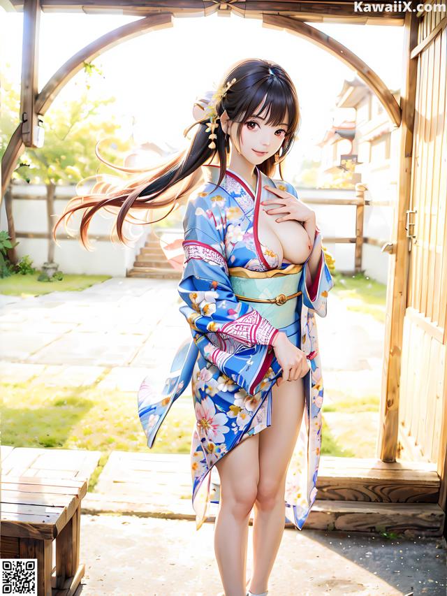 A woman in a blue kimono is posing for a picture.