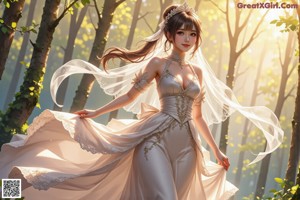 A woman in a wedding dress walking through a forest.