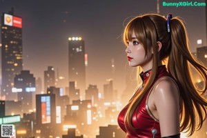 A woman in a red latex outfit standing in front of a city.