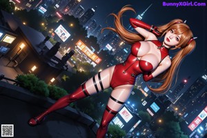 A woman in a red bodysuit is standing in the middle of a city.