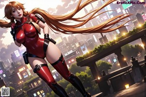 A woman in a red and black outfit standing in the middle of a city.