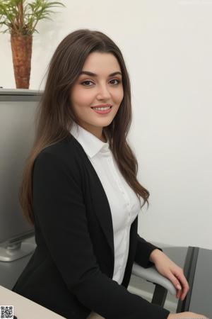 A woman sitting on top of a bed in a beige top.