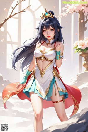 A woman with long blue hair wearing a crown.