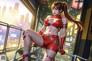 A woman in a red latex outfit standing in the middle of a city.