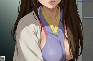 A naked anime girl with long black hair holding a sword.