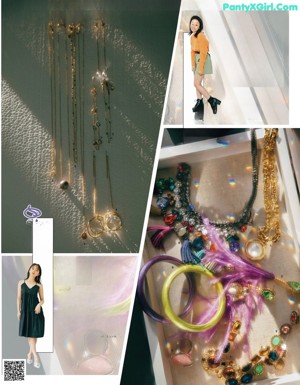 A magazine spread with a picture of a woman wearing jewelry.