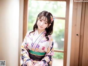 A woman in a kimono sitting on a window sill.