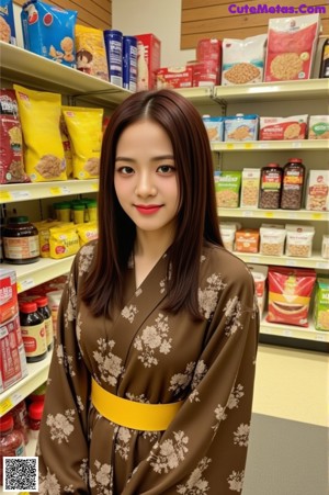 A woman in a brown dress standing in front of a shelf of food.