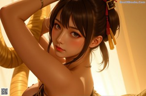 A woman in a red and black kimono leaning against a curtain.