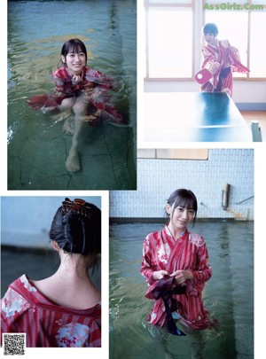 A woman in a red and white kimono is holding a blue ribbon.