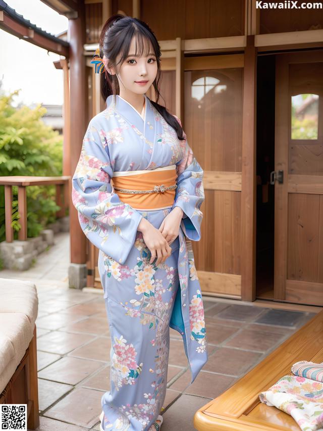 A woman in a blue kimono standing in front of a wooden house.