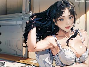 A woman in a white corset sitting on a bed.
