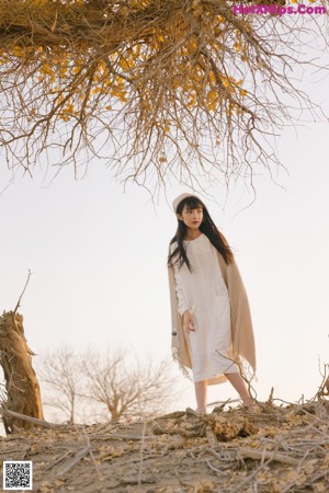 A woman standing in front of a tree in the desert.