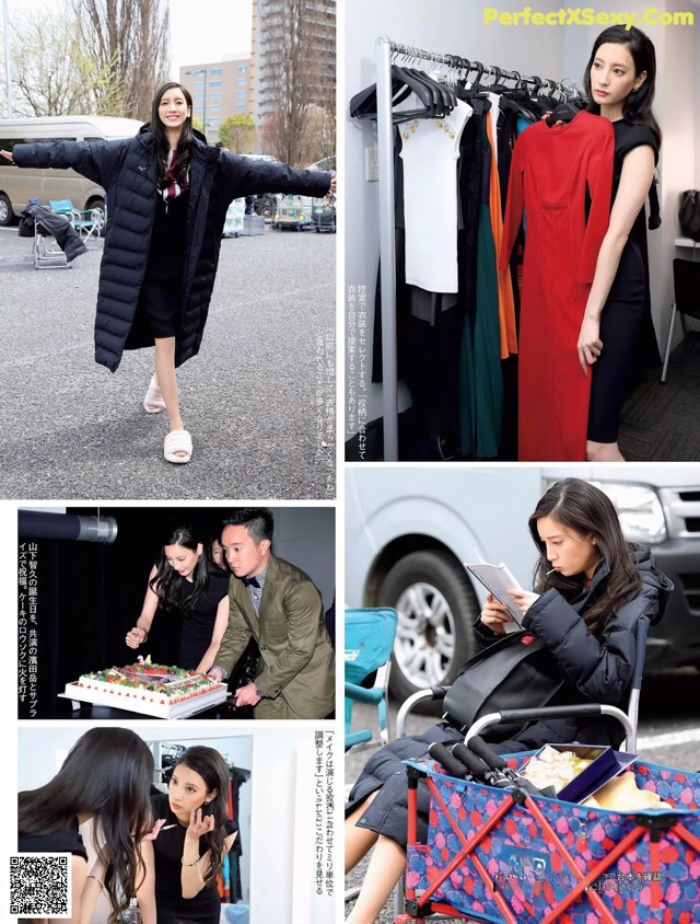 A collage of photos of a woman in a black dress and a man in a red coat.