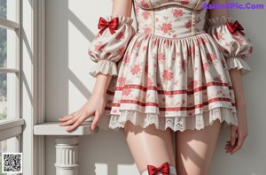 a woman in a red and white dress is posing for a picture