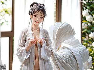 A woman in a blue kimono standing in front of a window.