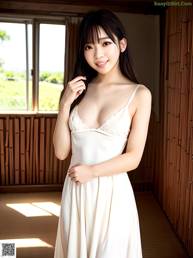 A woman in a white dress posing for a picture.