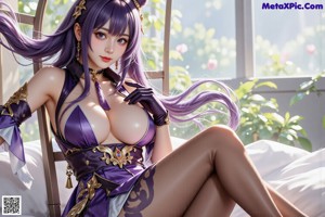 A woman with long purple hair sitting on a bed.