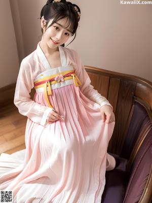 A woman in a pink kimono posing for a picture.