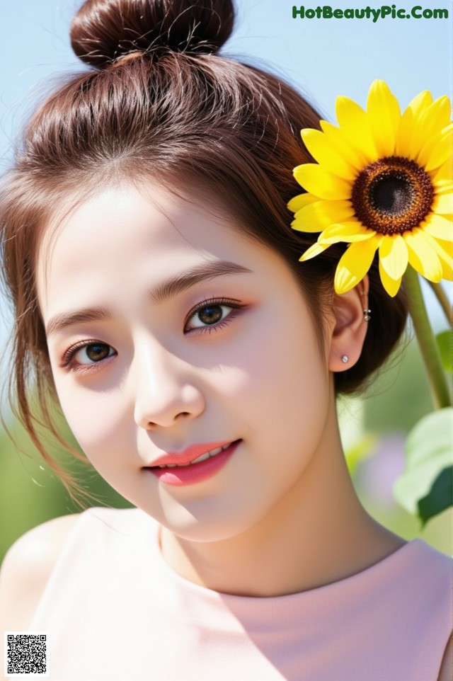 A woman with a sunflower in her hair.