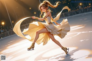 A woman in a white dress skating on a ice rink.