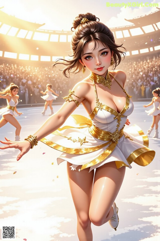 A woman in a white and gold dress dancing in front of a crowd.