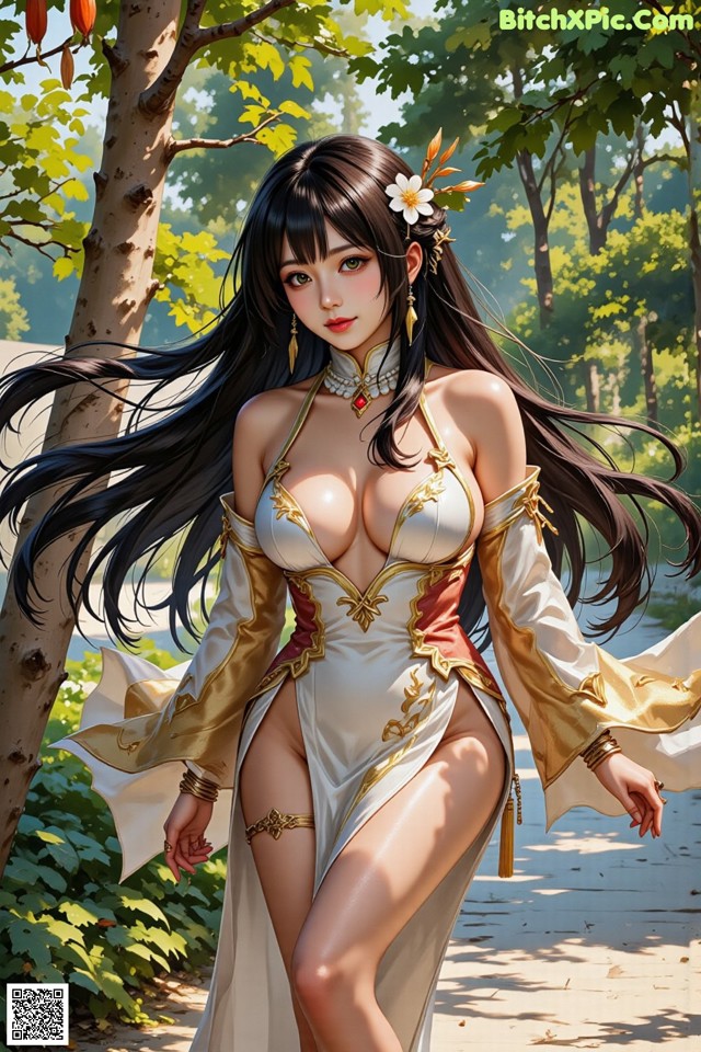 Hentai - The Frozen Elegance That Melts Starlight Set.1 20250104 Part 11 No.ddb726 A woman in a white and gold dress walking down a path.