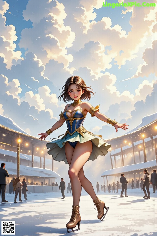 A woman in a blue dress skating on an ice rink.