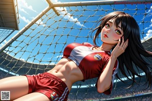 A woman in a red and black outfit standing on a soccer field.