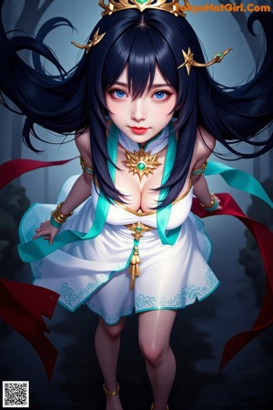 A woman in a white dress holding a staff in a forest.