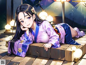 A woman in a pink kimono sitting on a blue bench.