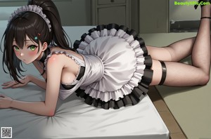 A woman in a maid outfit is sitting on the floor.