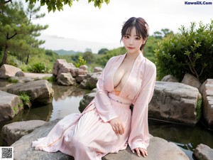 A woman in a yellow robe sitting on a bed.